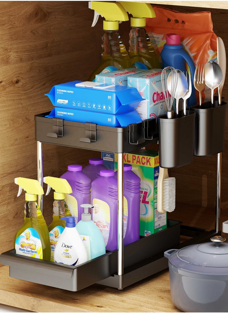 2 Tier Under Sink Organizer with Drawer: Multi-Purpose Storage Solution with Specialy  designed Handle, Anti-Slip Mats, Additional 4 Hooks, 2 Cups, and Enlarged Size - Secret Black, Pack of 2