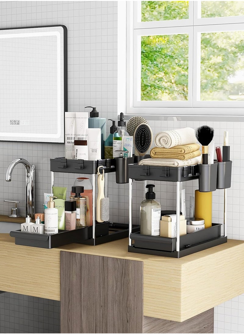 2 Tier Under Sink Organizer with Drawer: Multi-Purpose Storage Solution with Specialy  designed Handle, Anti-Slip Mats, Additional 4 Hooks, 2 Cups, and Enlarged Size - Secret Black, Pack of 2