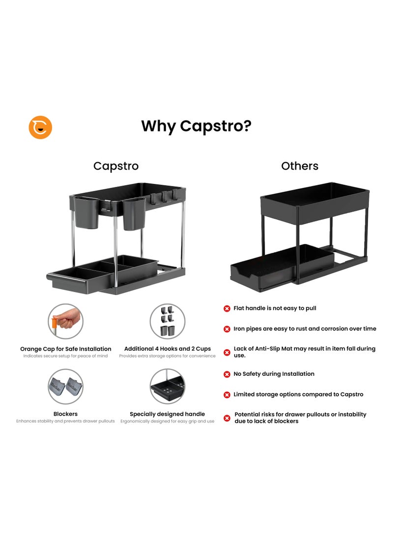 2 Tier Under Sink Organizer with Drawer: Multi-Purpose Storage Solution with Specialy  designed Handle, Anti-Slip Mats, Additional 4 Hooks, 2 Cups, and Enlarged Size - Secret Black, Pack of 2