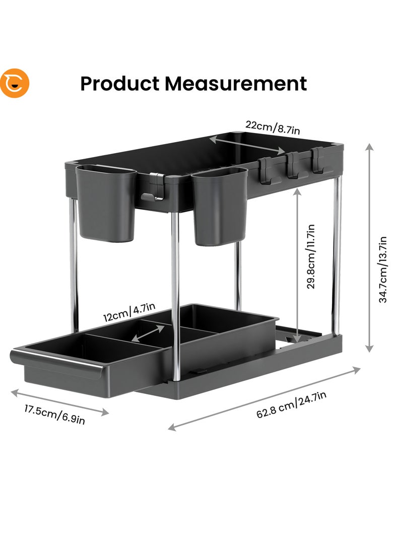 2 Tier Under Sink Organizer with Drawer: Multi-Purpose Storage Solution with Specialy  designed Handle, Anti-Slip Mats, Additional 4 Hooks, 2 Cups, and Enlarged Size - Secret Black, Pack of 2