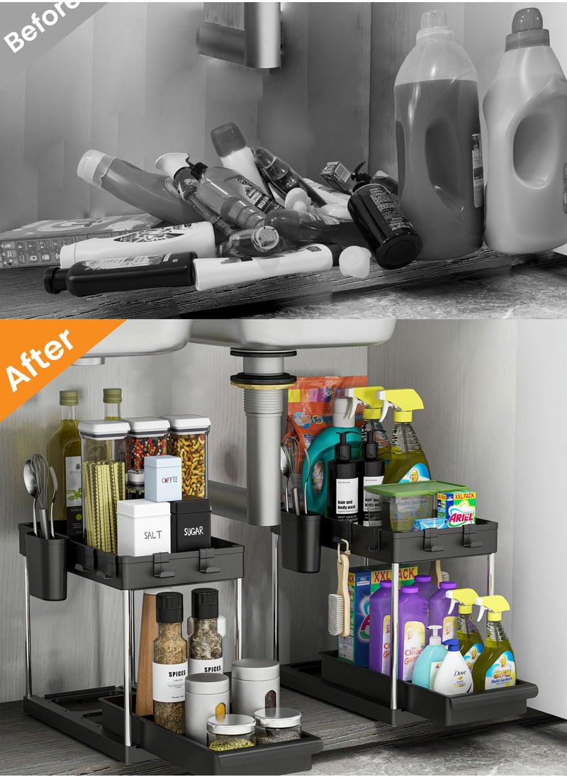 2 Tier Under Sink Organizer with Drawer: Multi-Purpose Storage Solution with Specialy  designed Handle, Anti-Slip Mats, Additional 4 Hooks, 2 Cups, and Enlarged Size - Secret Black, Pack of 2