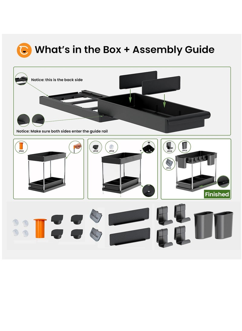 2 Tier Under Sink Organizer with Drawer: Multi-Purpose Storage Solution with Specialy  designed Handle, Anti-Slip Mats, Additional 4 Hooks, 2 Cups, and Enlarged Size - Secret Black, Pack of 2