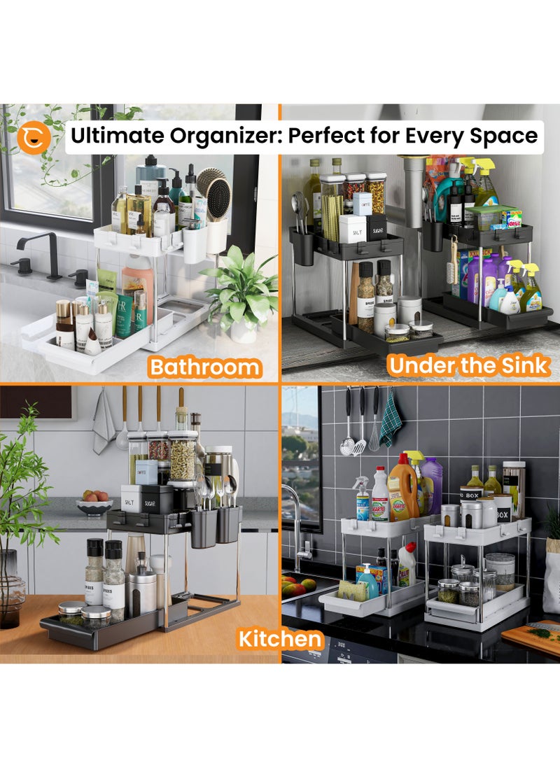 2 Tier Under Sink Organizer with Drawer: Multi-Purpose Storage Solution with Specialy  designed Handle, Anti-Slip Mats, Additional 4 Hooks, 2 Cups, and Enlarged Size - Secret Black, Pack of 2