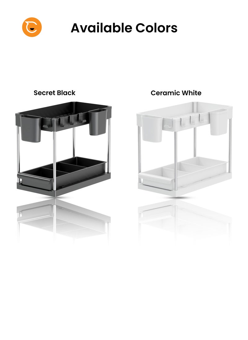 2 Tier Under Sink Organizer with Drawer: Multi-Purpose Storage Solution with Specialy  designed Handle, Anti-Slip Mats, Additional 4 Hooks, 2 Cups, and Enlarged Size - Secret Black, Pack of 2