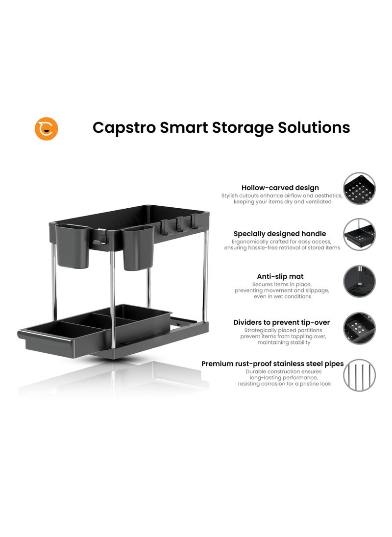 2 Tier Under Sink Organizer with Drawer: Multi-Purpose Storage Solution with Specialy  designed Handle, Anti-Slip Mats, Additional 4 Hooks, 2 Cups, and Enlarged Size - Secret Black, Pack of 2