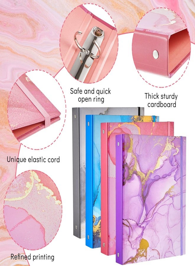 Lewtemi 4 Pack Mini Binders 5.5 x 8.5 Three Ring, 1 Inch Marble Binder, Flower Ocean Decorative Hardcover with Elastic Cord for School, Office Use, Recipe, Photo Album Pages(Marble) - Image 3