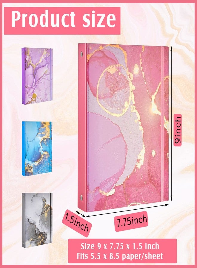 Lewtemi 4 Pack Mini Binders 5.5 x 8.5 Three Ring, 1 Inch Marble Binder, Flower Ocean Decorative Hardcover with Elastic Cord for School, Office Use, Recipe, Photo Album Pages(Marble) - Image 2