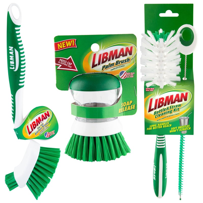 Libman Libman Bottle Dish Brush Kit Cleaning Brushes for Kitchen Use Straw Brush Scrub Brushes for Dishes Big Job Kitchen Brush Palm Scrub Brush 3 Different Brushes Straw Cleaner Included 