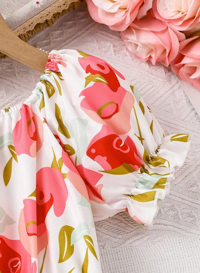 تايك تو Take Two Girls Rose Print Puff Sleeve Dress