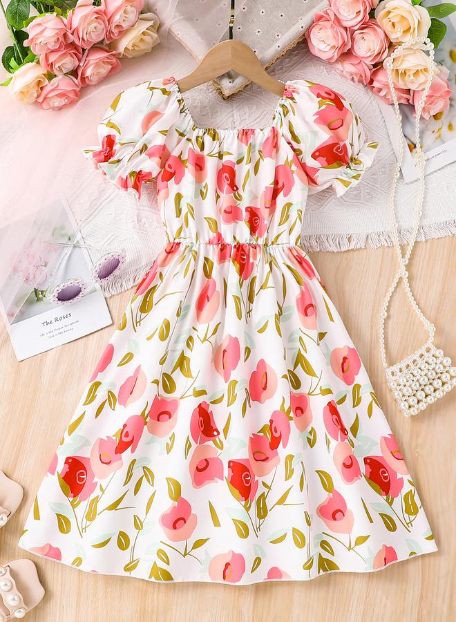 تايك تو فستان بأكمام منتفخة بطبعة وردة للبنات - Image 1