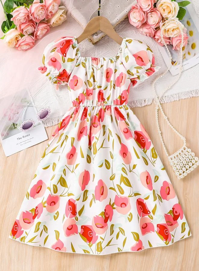 Take Two Take Two Girls Rose Print Puff Sleeve Dress