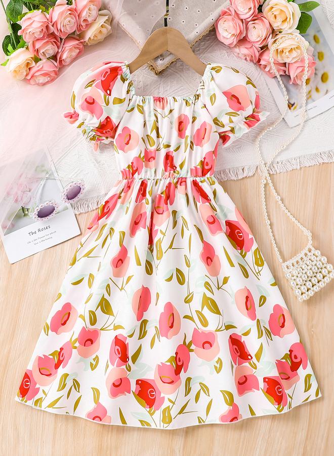 تايك تو فستان بأكمام منتفخة بطبعة وردة للبنات - Image 2