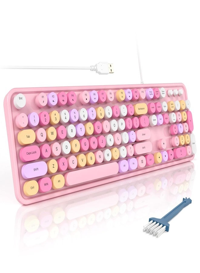 MOFII Wired Full Size USB Keyboard, Colorful Retro Round Typewriter Keyboard with Foldable Stands for Windows PC Laptop (Pale Pink) - Image 1