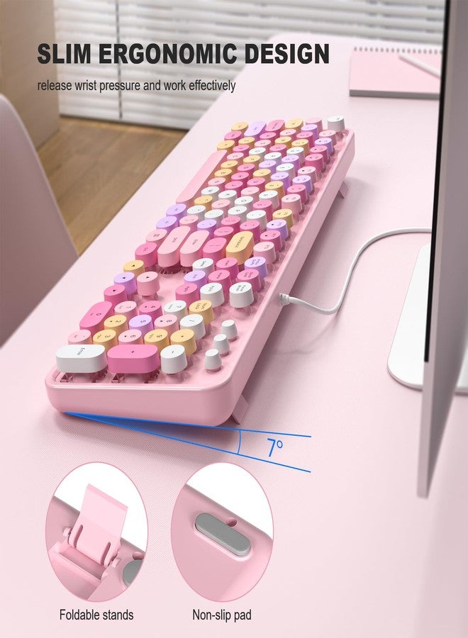 MOFII Wired Full Size USB Keyboard, Colorful Retro Round Typewriter Keyboard with Foldable Stands for Windows PC Laptop (Pale Pink) - Image 3