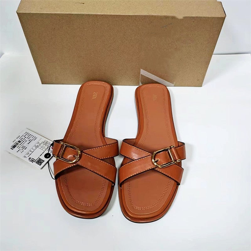 صنادل رومانية مسطحة للنساء من زَا 2023، موضة السيدات، حزام متقاطع مئة، طباعة الفهد - Image 3