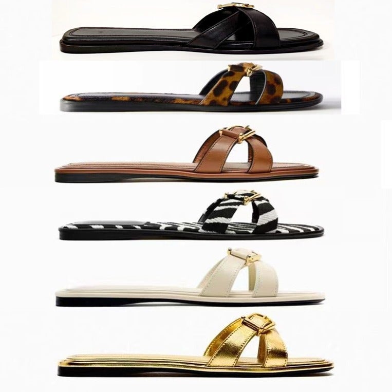 صنادل رومانية مسطحة للنساء من زَا 2023، موضة السيدات، حزام متقاطع مئة، طباعة الفهد - Image 2