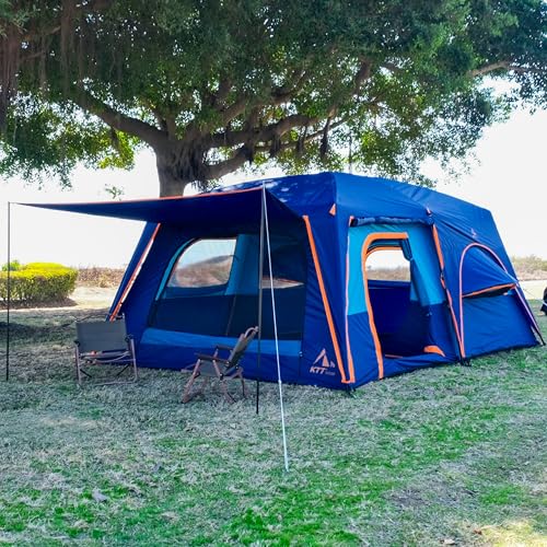 KTT Extra Large Tent 12 Person,Family Cabin Tents,Full Rainfly,2 Bay-Windows,2 Rooms and 3 Doors 3 Windows with Mesh,Waterproof,Straight Wall,Double Layer,Big Tent for Outdoor,Picnic,Camping(Blue) - Image 2