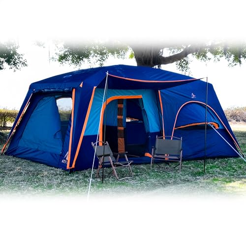 KTT Extra Large Tent 12 Person,Family Cabin Tents,Full Rainfly,2 Bay-Windows,2 Rooms and 3 Doors 3 Windows with Mesh,Waterproof,Straight Wall,Double Layer,Big Tent for Outdoor,Picnic,Camping(Blue) - Image 1