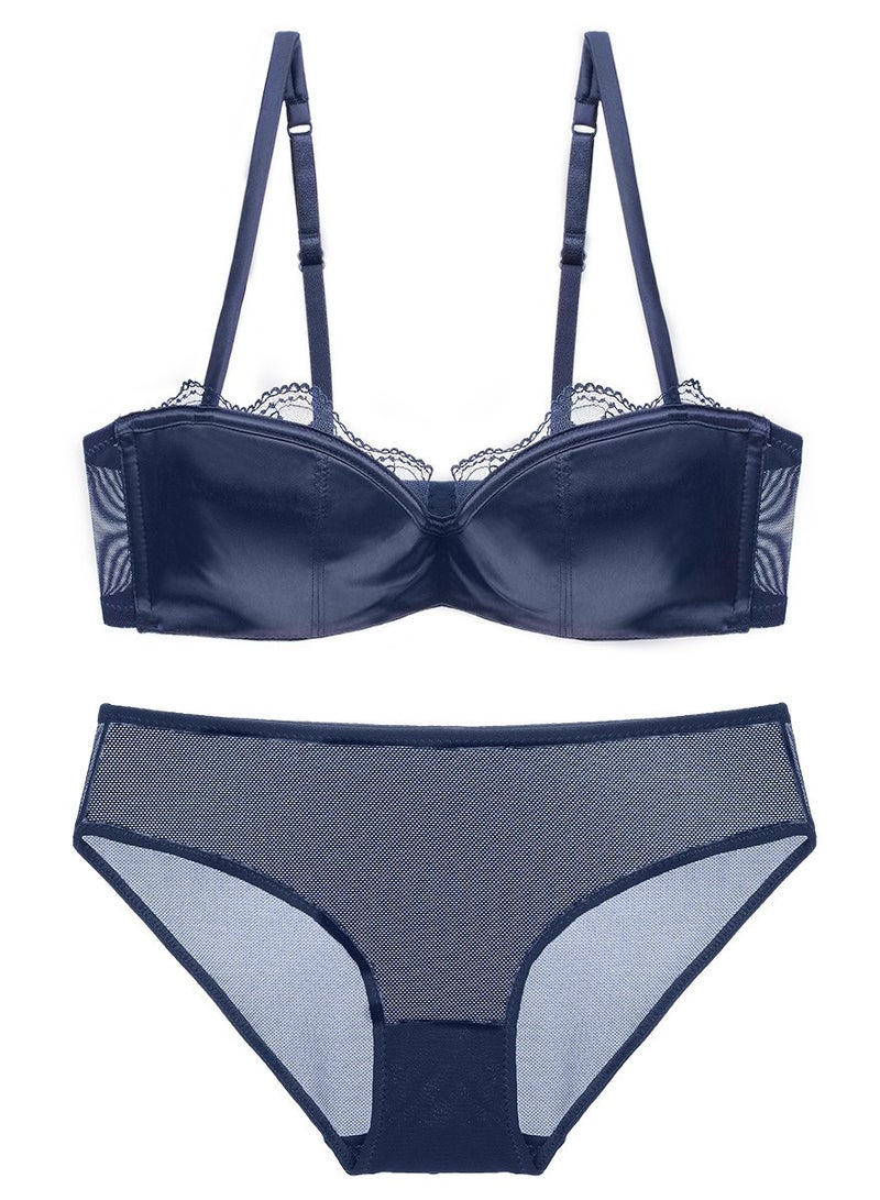 Solid Color Satin Thin Cup 1/2 Cup Bra Panty Set Blue