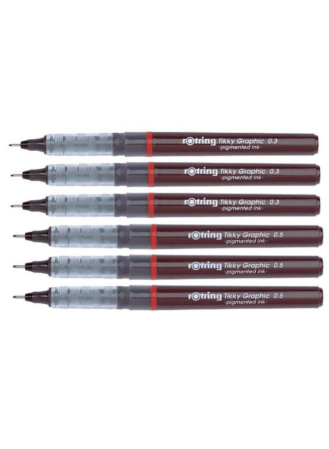 Rotring Tikky Graphic Pigment Liner 0.3mm & 0.5mm Pens - 3 Each With Black Pigmented Ink, Fibre Tip, 6 Pen Set for Art Drawings Mandala Calligraphy Outline Art & Craft - Image 1