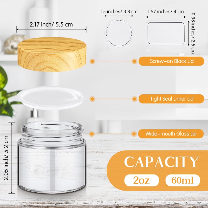 Layhit 48 Pcs 2oz/ 60ml Glass Jars with Lids Clear Small Jars with Plastic Woodgrain Lids, White Labels and Inner Liners Empty Round Cosmetic Containers for Creams Lotions Candle Making (Clearl) - Image 2