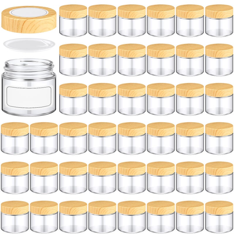 Layhit 48 Pcs 2oz/ 60ml Glass Jars with Lids Clear Small Jars with Plastic Woodgrain Lids, White Labels and Inner Liners Empty Round Cosmetic Containers for Creams Lotions Candle Making (Clearl) - Image 1