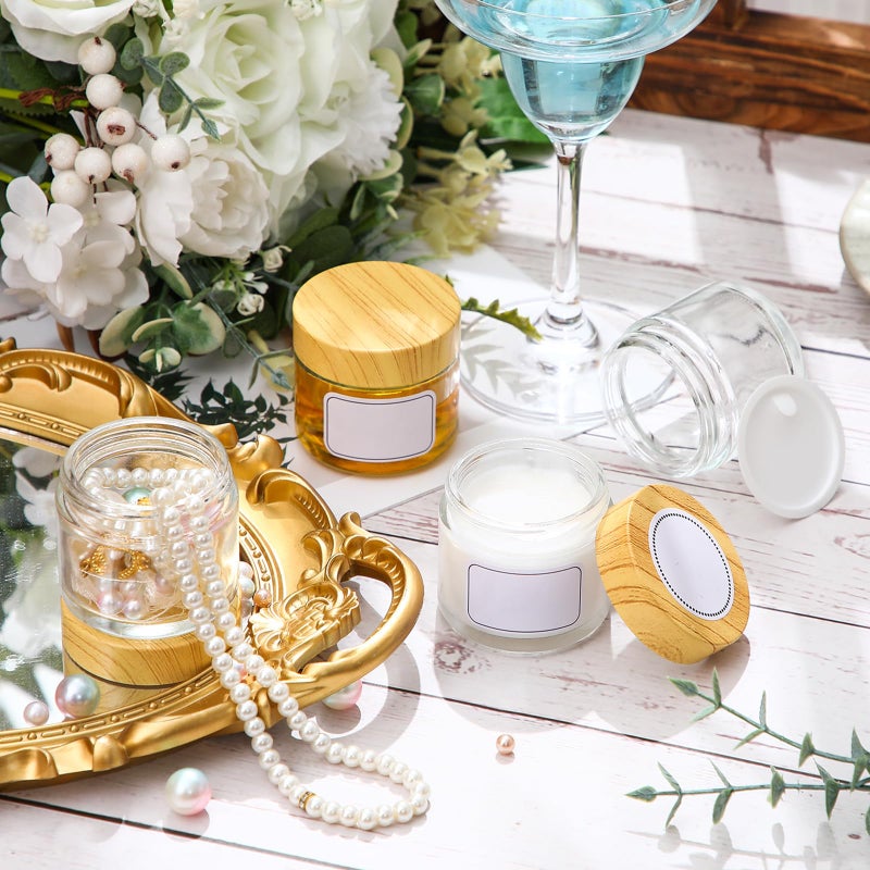 Layhit 48 Pcs 2oz/ 60ml Glass Jars with Lids Clear Small Jars with Plastic Woodgrain Lids, White Labels and Inner Liners Empty Round Cosmetic Containers for Creams Lotions Candle Making (Clearl) - Image 4