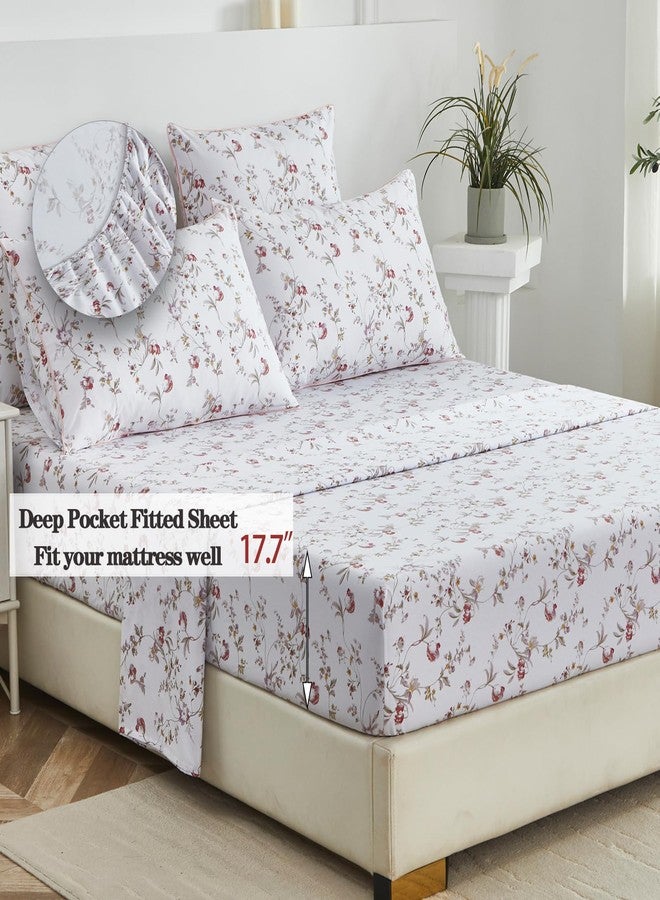 FADFAY Sheets Set Queen Rustic Pink Floral Botanical Bedding Set Luxury 100% Egyptian Cotton Bed Sheet Set Soft Breathable for All Season Bedoom Decor with 17.7 Deep Pocket Fitted Sheet, Queen Size - Image 4