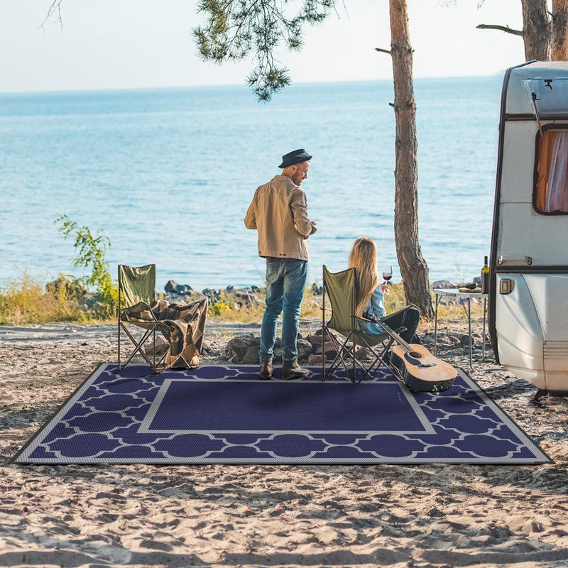 GENIMO Outdoor Rug 5' x 8' Patio Waterproof, Foldable Reversible Plastic Straw Area Rugs Mat for Camper Decor, Outside Carpet for Rv, Deck, Porch, Picnic, Beach, Balcony, Blue & Grey - Image 3