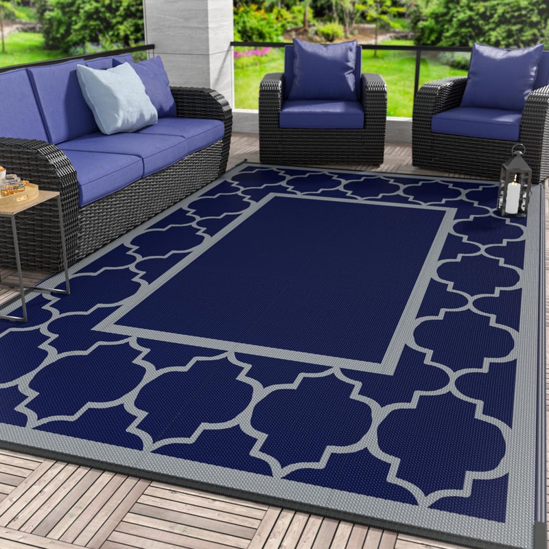 GENIMO Outdoor Rug 5' x 8' Patio Waterproof, Foldable Reversible Plastic Straw Area Rugs Mat for Camper Decor, Outside Carpet for Rv, Deck, Porch, Picnic, Beach, Balcony, Blue & Grey - Image 1