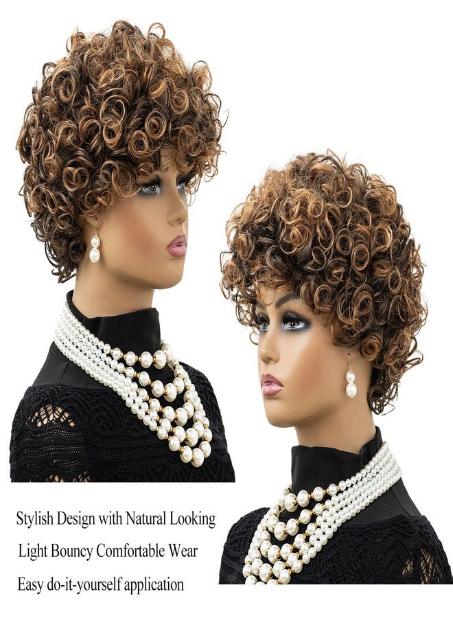 MOONSHOW Short Wigs for Black Women Brown Pixie Cut Wig with Bangs African American Wigs for Black Women Short Curly Afro Wigs Synthetic Brown Curly Bob Wig - Image 4
