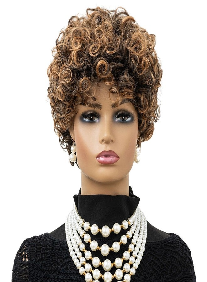 MOONSHOW Short Wigs for Black Women Brown Pixie Cut Wig with Bangs African American Wigs for Black Women Short Curly Afro Wigs Synthetic Brown Curly Bob Wig - Image 3