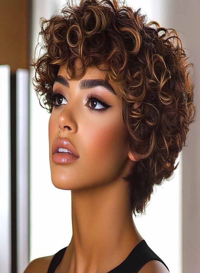 MOONSHOW Short Wigs for Black Women Brown Pixie Cut Wig with Bangs African American Wigs for Black Women Short Curly Afro Wigs Synthetic Brown Curly Bob Wig - Image 1