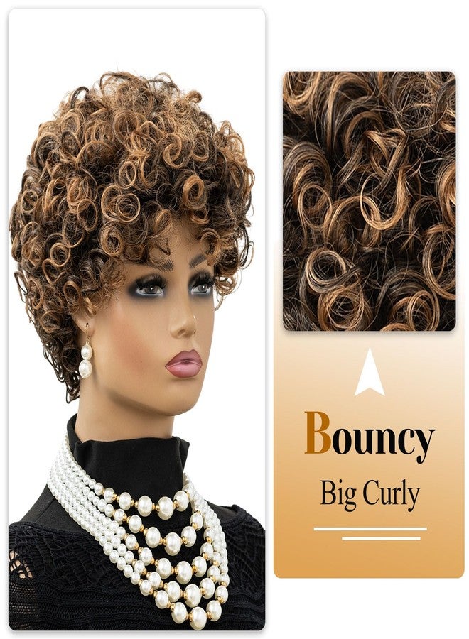 MOONSHOW Short Wigs for Black Women Brown Pixie Cut Wig with Bangs African American Wigs for Black Women Short Curly Afro Wigs Synthetic Brown Curly Bob Wig - Image 2