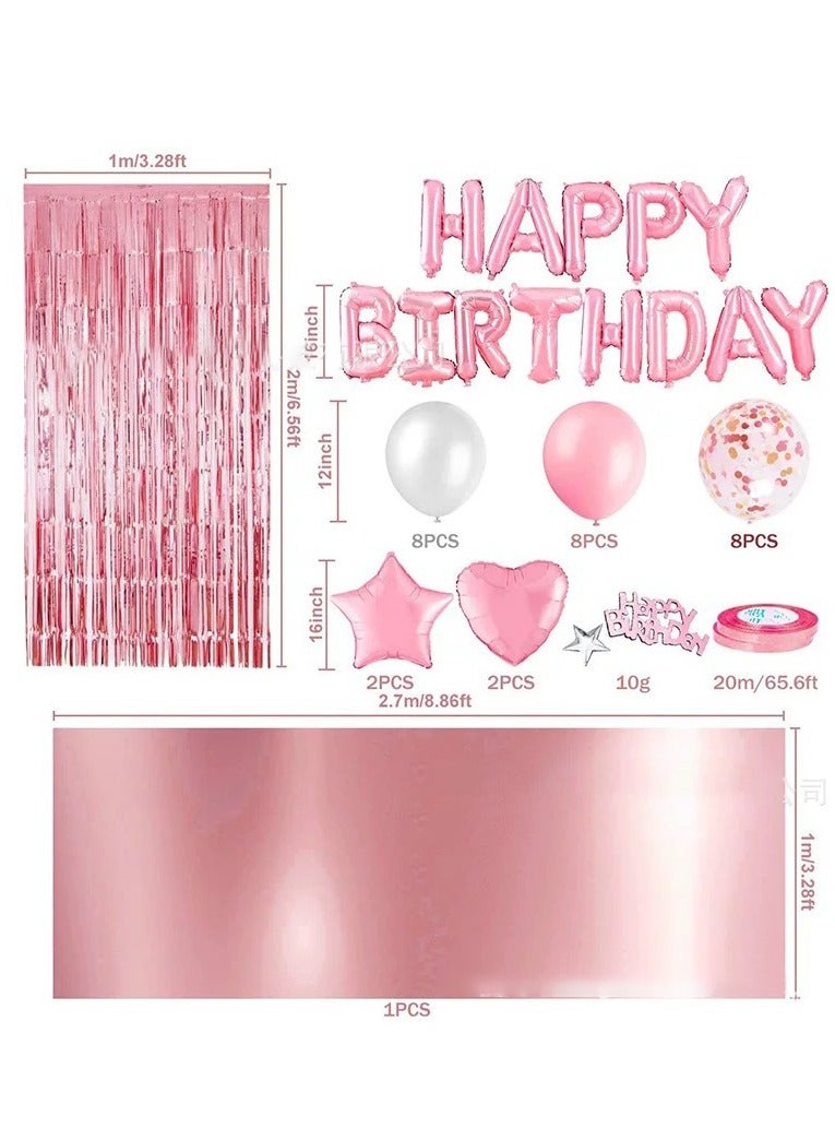 ديكور الحفلة الوردية ، لافتة عيد ميلاد سعيد ، ستارة متدلية وردية ، مفرش طاولة من الفويل ، بالونات القلب والنجمة الملونة و 10 غرام من أوراق الكونفتي الخاصة بالطاولة لحفلة عيد الميلاد - Image 1