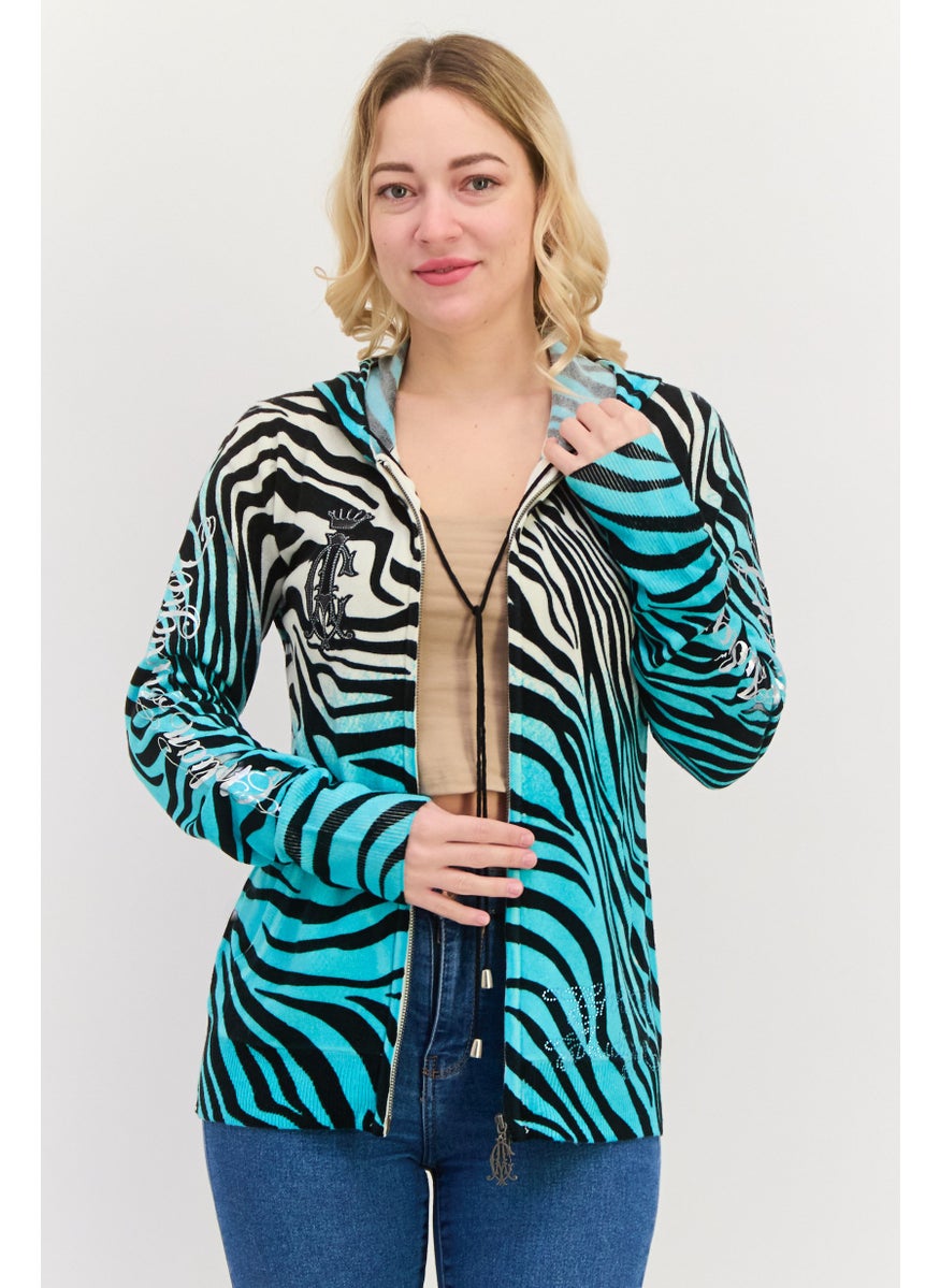 CHRISTIAN AUDIGIER Women Hooded Zebra Print Cardigan, Turquoise Combo  - Image 1