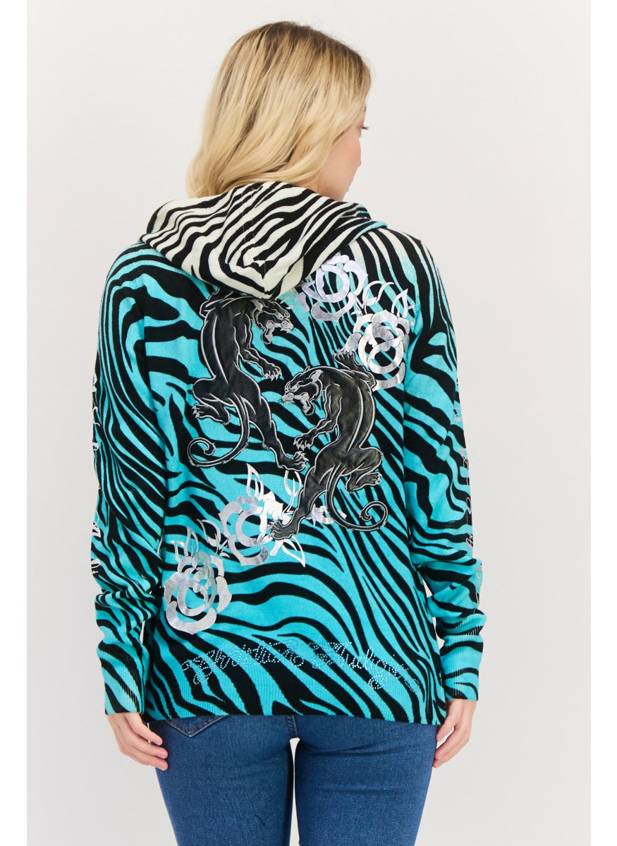 CHRISTIAN AUDIGIER Women Hooded Zebra Print Cardigan, Turquoise Combo  - Image 3