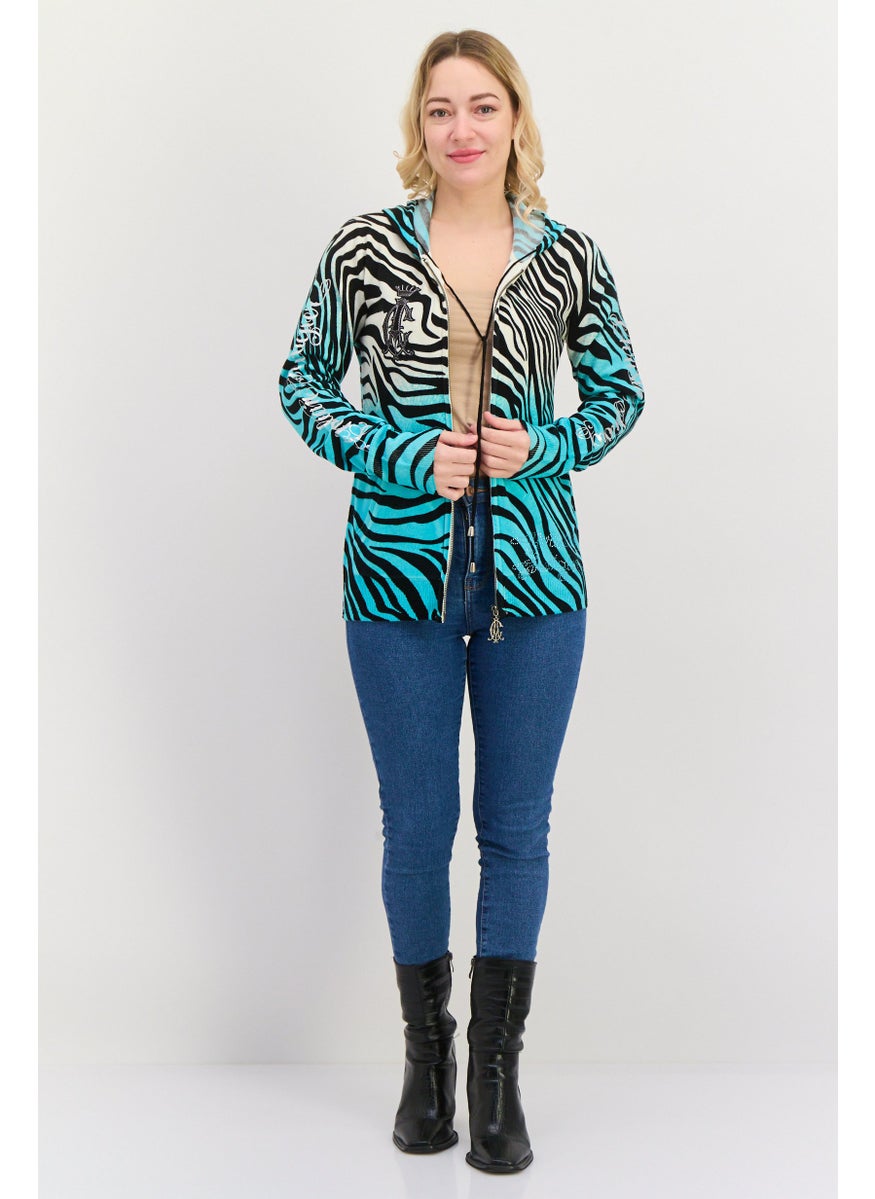 CHRISTIAN AUDIGIER Women Hooded Zebra Print Cardigan, Turquoise Combo  - Image 4