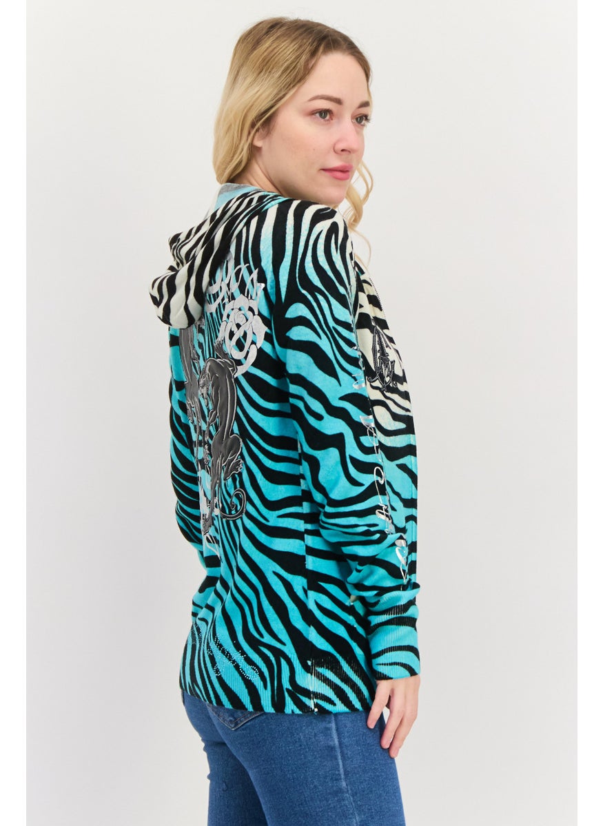 CHRISTIAN AUDIGIER Women Hooded Zebra Print Cardigan, Turquoise Combo  - Image 2