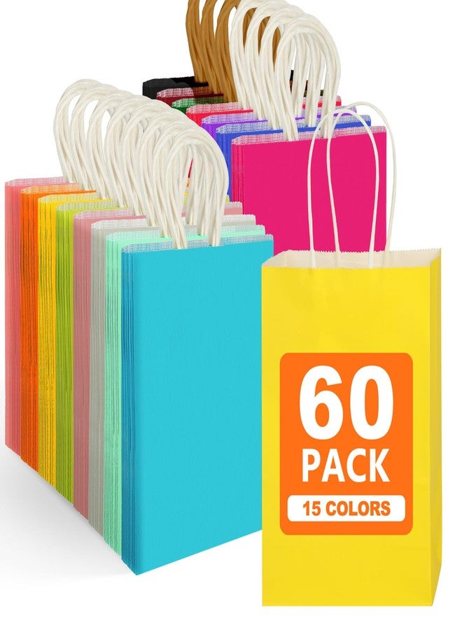MITINU 60PCS Paper Gift Bags, 5.8"x3.2"x8.25" Party Favor Bags Bulk Rainbow Goodie Small Gift Bags with Handles for Kids Birthday Baby Shower Crafts Wedding Party Supplies (15 Colors) - Image 1