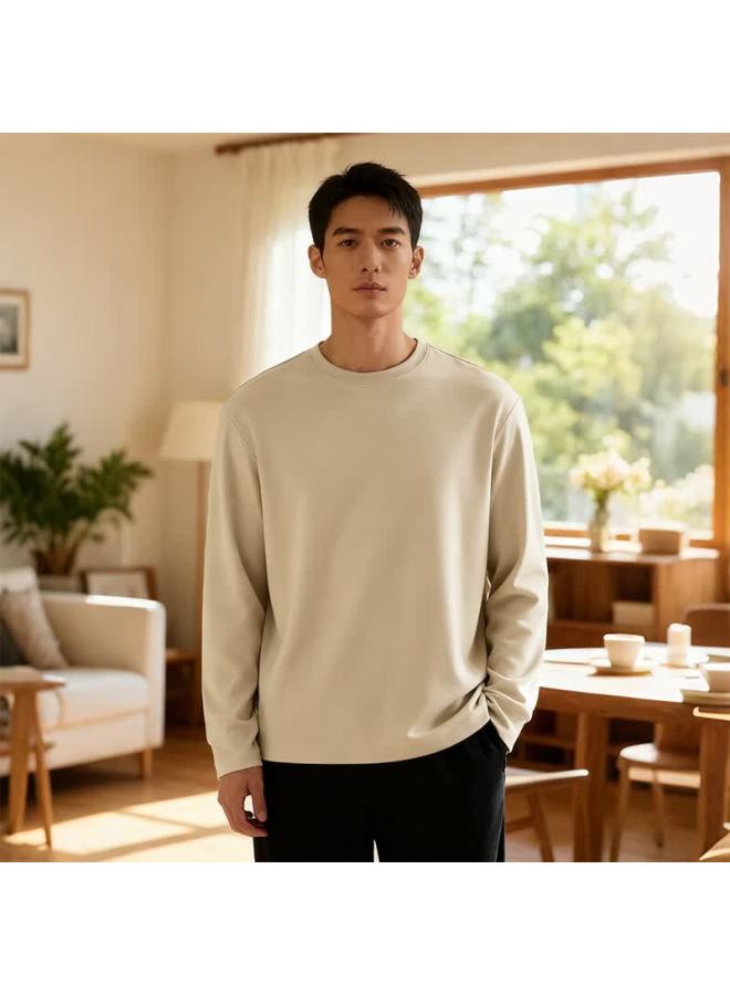 Markless Far Infrared Heating Long Sleeve T-shirt Men Autumn Winter Soft Warm Base Layer Crew Neck Top 4605 Milk Tea Apricot M - Image 1