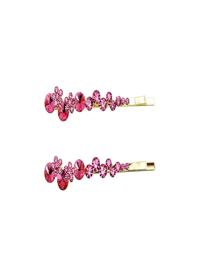 Faship A Pair Of Pink Premium Rhinestone Crystal Floral Hair Clips Pins 2 Pcs - Image 1