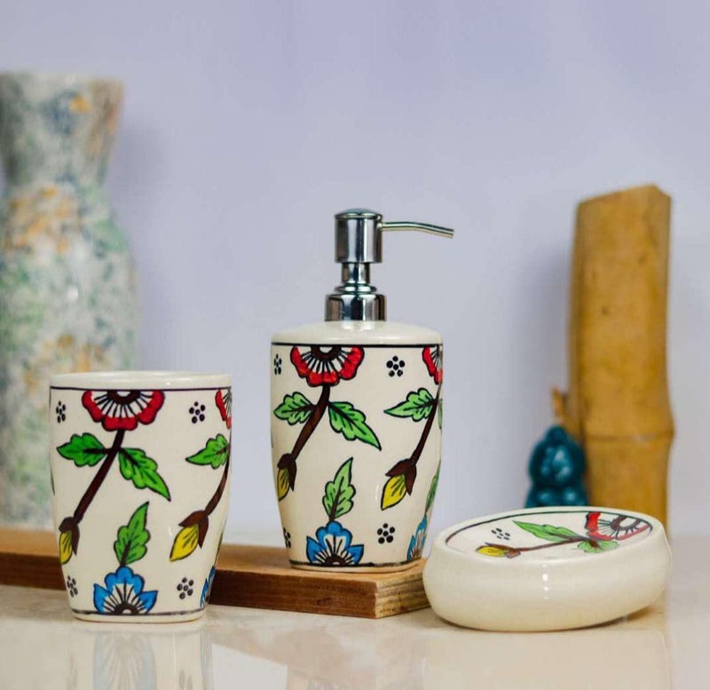 Vreni Ceramic Bathroom Accessories Set for Utility and Bathroom Decor | Liquid Soap Dispenser, soap Tray, Toothbrush Holder CRO 95 Set of 3 - Image 1