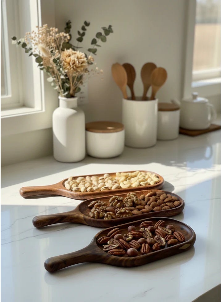 هوم برو طقم صواني تقديم خشبية يدوية ناتشورال (Natural) مكون من 3 قطع / أطباق تقديم مكسرات وتسالي بيد خشب طبيعي / طقم صواني ريفية (30، 40، 50 سم) - Image 3