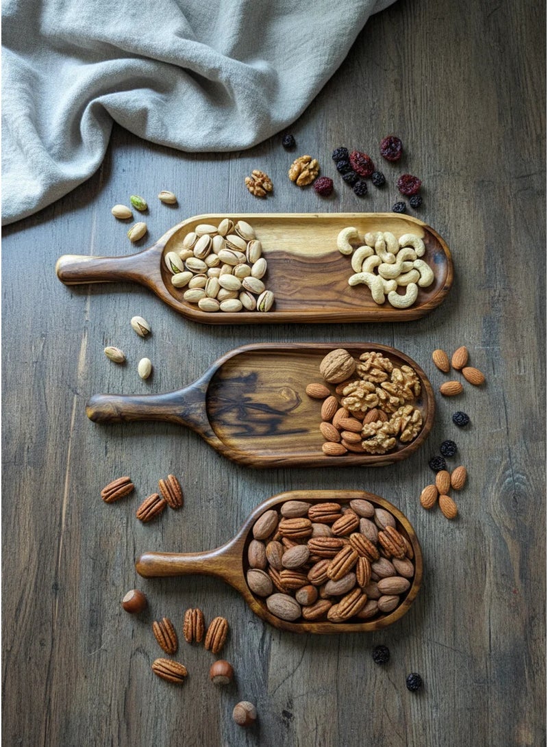 هوم برو طقم صواني تقديم خشبية يدوية ناتشورال (Natural) مكون من 3 قطع / أطباق تقديم مكسرات وتسالي بيد خشب طبيعي / طقم صواني ريفية (30، 40، 50 سم) - Image 2