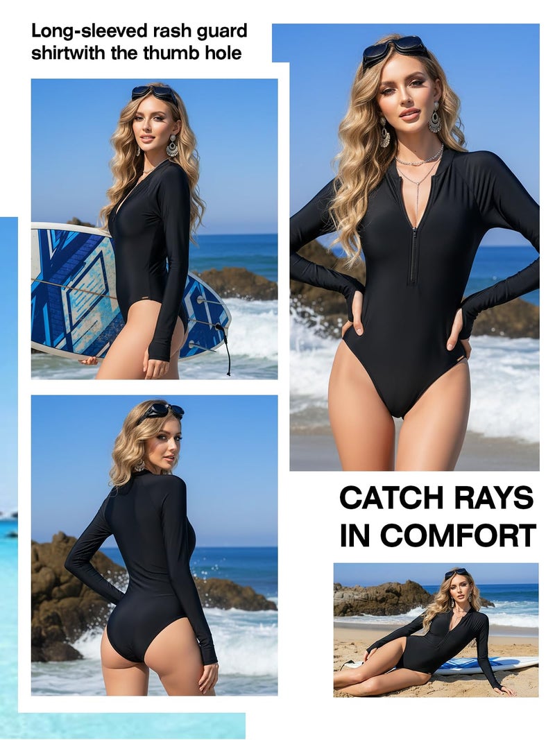 RELLECIGA Women's Black Long Sleeve Rash Guard One Piece Small - Image 4