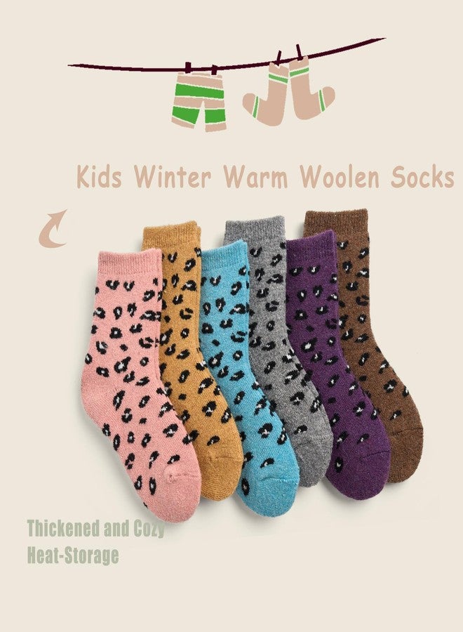 Aisyee Girls Wool Socks Kids Winter Warm Socks Thick Thermal Crew Socks 6 Pairs Cute Leopard 4-6 Years - Image 2
