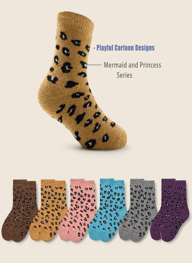 Aisyee Girls Wool Socks Kids Winter Warm Socks Thick Thermal Crew Socks 6 Pairs Cute Leopard 4-6 Years - Image 3