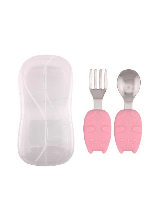 برين جيجلز قهقهات الدماغ مجموعة أدوات مائدة للأطفال الصغار مع حافظة، ملاعق تغذية من الفولاذ المقاوم للصدأ للأطفال الرضع بمقابض من السيليكون - وردي - Image 1