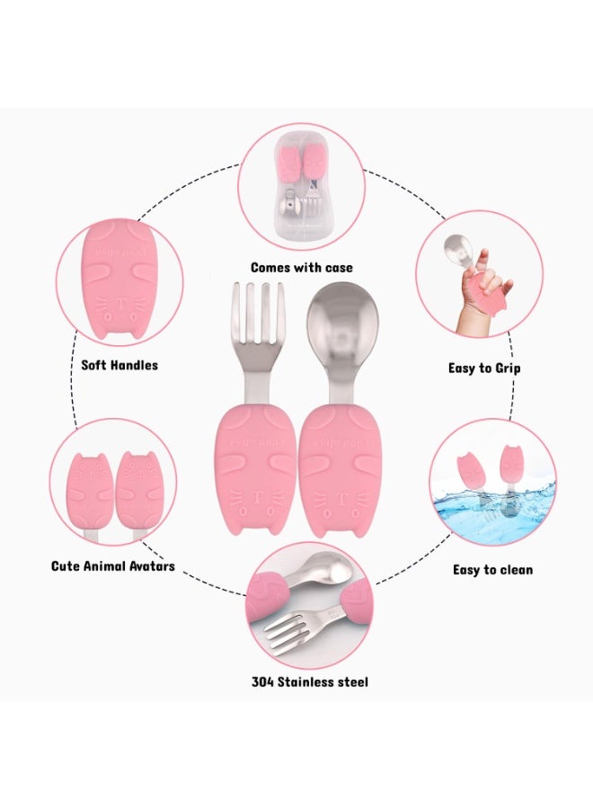 برين جيجلز قهقهات الدماغ مجموعة أدوات مائدة للأطفال الصغار مع حافظة، ملاعق تغذية من الفولاذ المقاوم للصدأ للأطفال الرضع بمقابض من السيليكون - وردي - Image 3